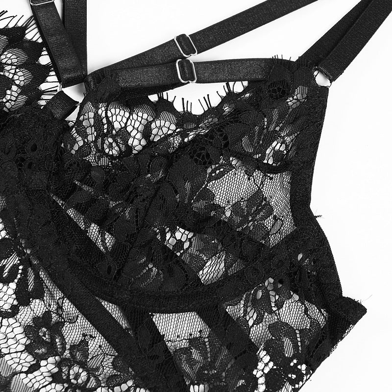 Sexy Lace Transparent Cutout Bra Set with Garter Bra Detaills