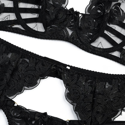 Black Radiant Gemstone Mesh Bra & Panty Set with Garter Garter Details