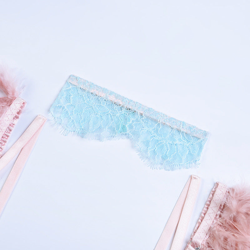 Light Blue Elegant Sheer Lace Bra Set with Colorful Feather Accents Harter Details