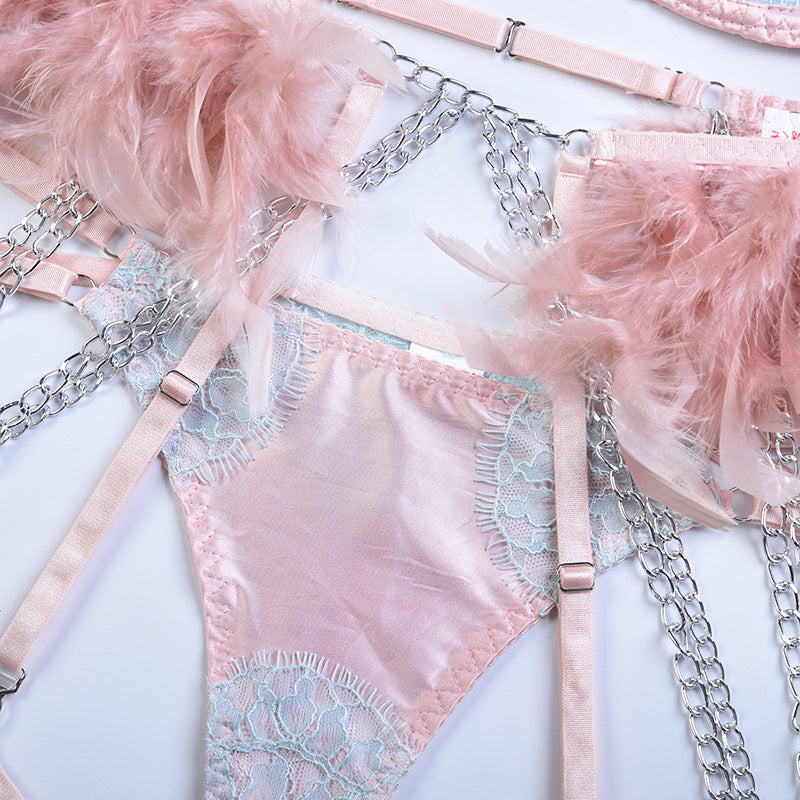 Light Blue Elegant Sheer Lace Bra Set with Colorful Feather Accents Panty Details