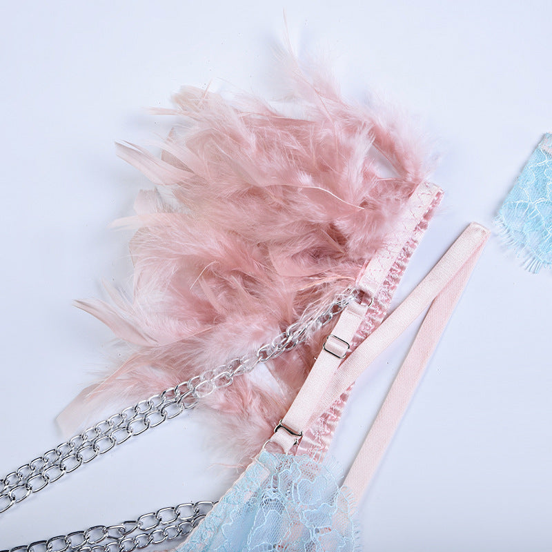 Light Blue Elegant Sheer Lace Bra Set with Colorful Feather Accents Strap Details