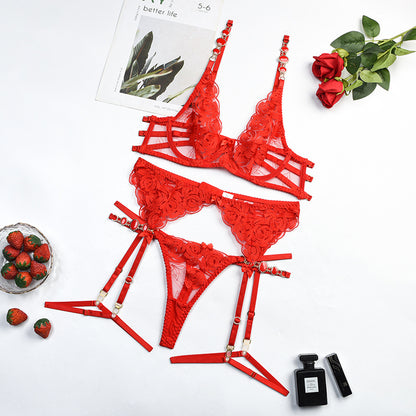 Red Radiant Gemstone Mesh Bra & Panty Set with Garter Over View